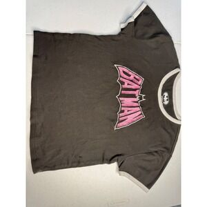Batman Graphic Ringer Tee XL Charcoal Grey Pink Embroidered Logo Cotton Shirt